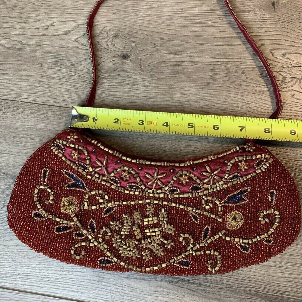 Beaded Purse Clutch Burgundy Satin Copper Gold Color Beads Zip Close, Strap Vtg - Picture 10 of 10